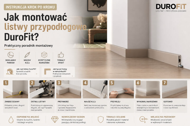 Jak montować listwy przypodłogowe DuroFit? Instrukcja krok po kroku Jak montować listwy przypodłogowe DuroFit? Instrukcja krok po kroku